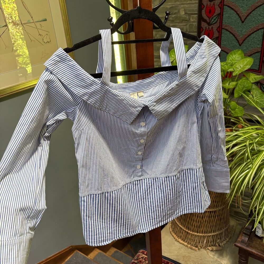 Allison Joy Blue White Striped Off-Shoulder Fitted Work Blouse size Small - Picture 3 of 6
